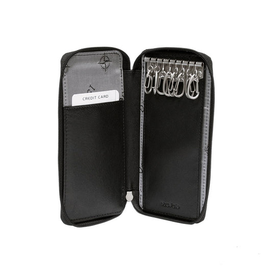 Tony Perotti Cortina 5026 nero — open: eight snap hooks on the metal bar on the right, leather card pocket on the left, grey «I DOGI» lining