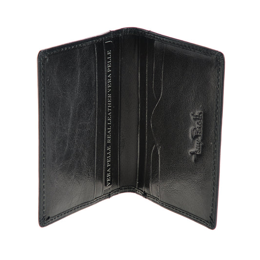 Black leather card holder open, standing, handcrafted in Italy — Tony Perotti Italico 1034 nero
