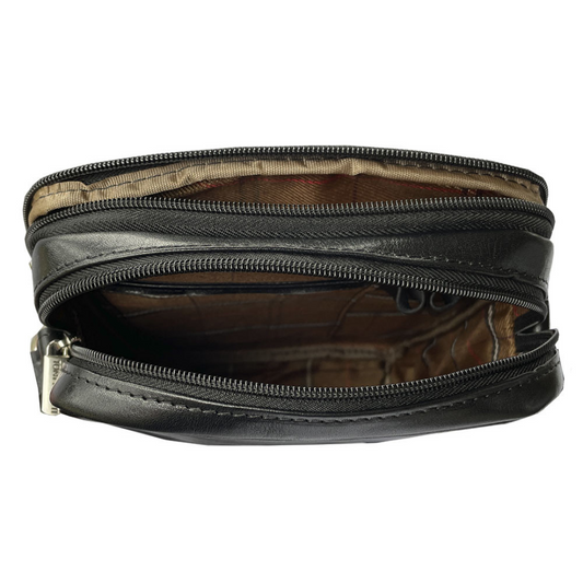Inside the black Italico 9148-17 — two zip compartments open and branded checked lining
