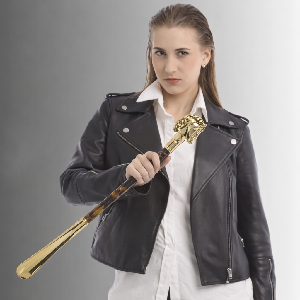 Pasotti Gold Horse Shoehorn with Pearly Brown Shaft — CS W41PO