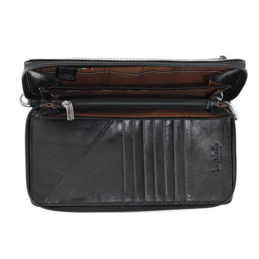 Italico 9770 nero open on the compartment side — open sections, zipped divider, card slots and the authenticity tag