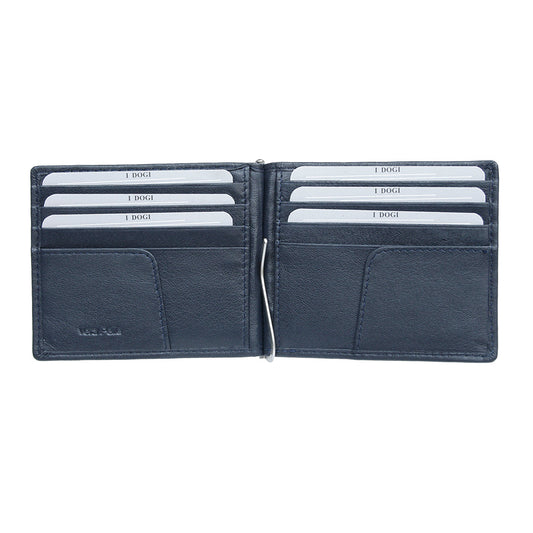 Open navy leather money clip wallet with card slots — Tony Perotti Cortina 5000 - on a white background