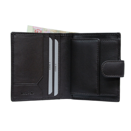 Dark brown Tony Perotti Cortina 5071 wallet open showing the snap coin pocket
