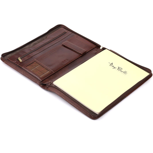 Dark brown Italico 1278L padfolio opened flat — organiser panel on the left and the branded Tony Perotti A4 notepad on the right