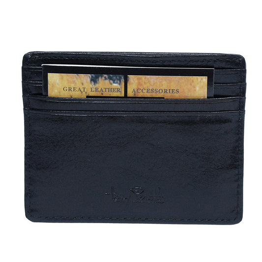 A black leather slim cardholder wallet with card slots, shown open with two cards partially inserted. The brand name 'Tony Perotti' is embossed on the front.