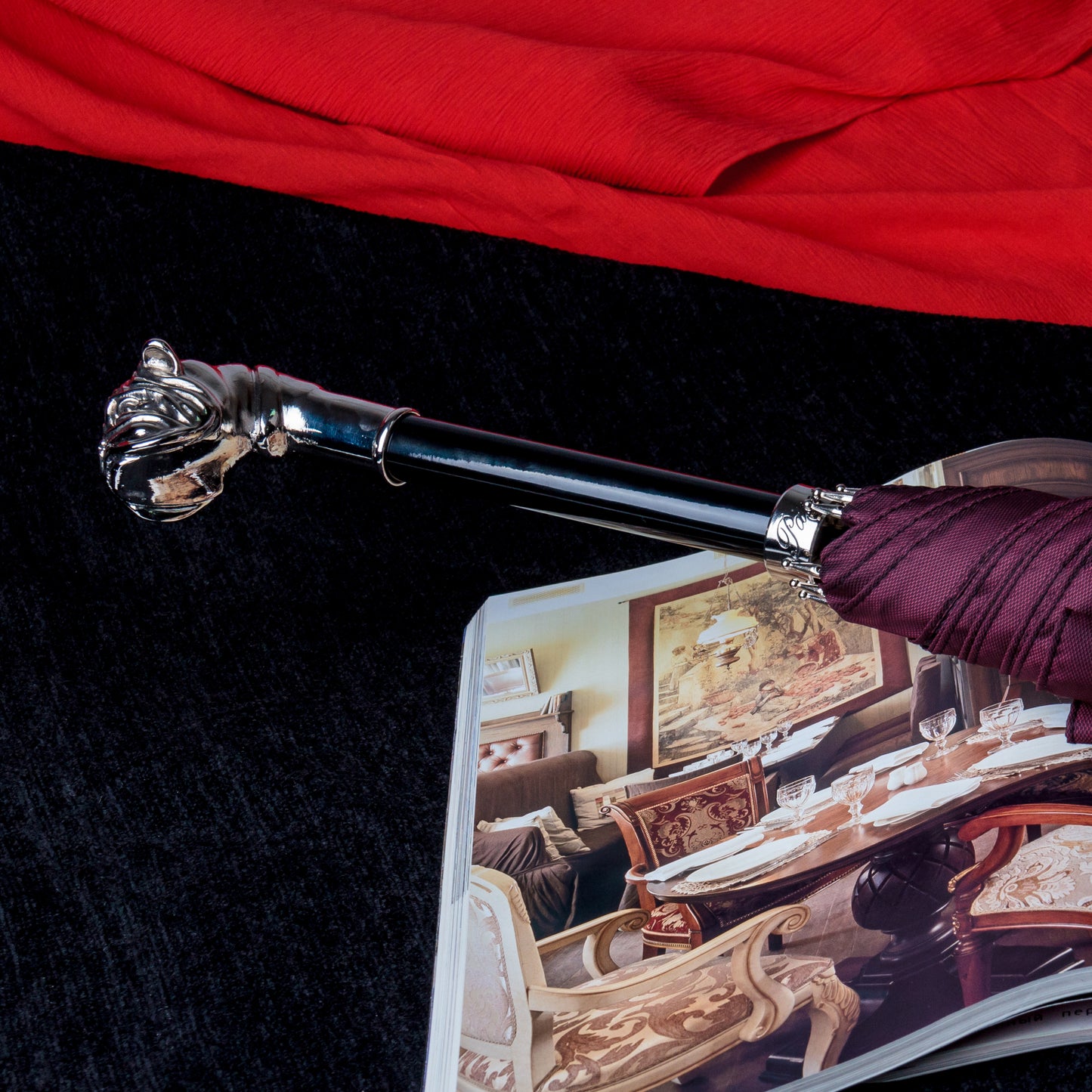 Бордова чоловіча парасоля Pasotti з ручкою Срібний Бульдог