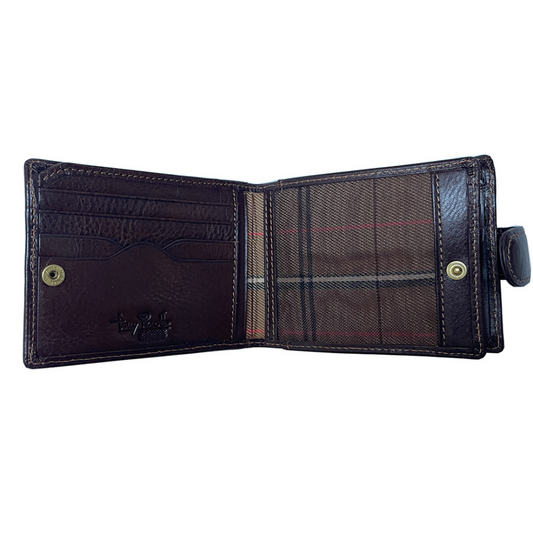 Tony Perotti Italico 1842E-A moro opened — card slots on the left and the coin section lined in tartan fabric on the right, brass press studs at the sides