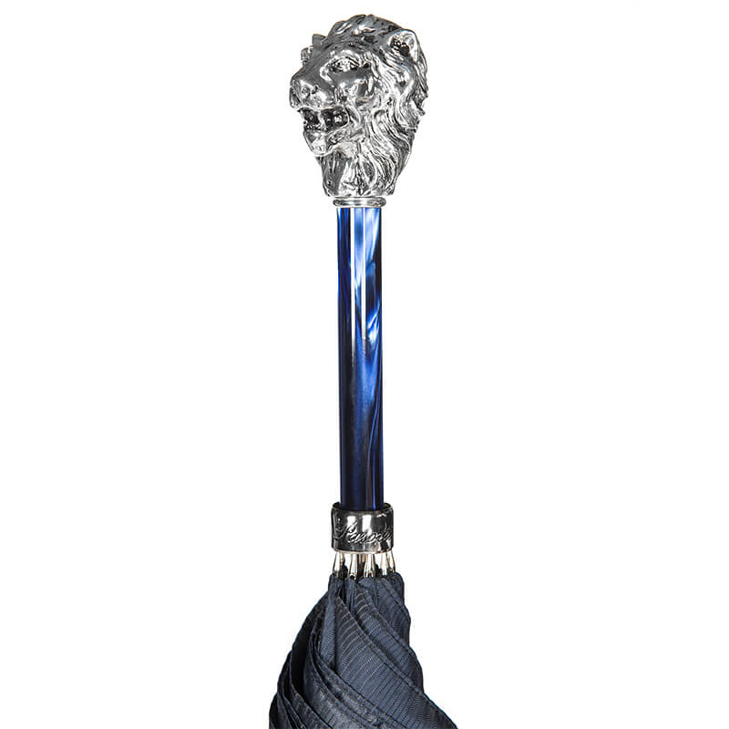 Cane umbrella blue with silver handle Lion Pasotti