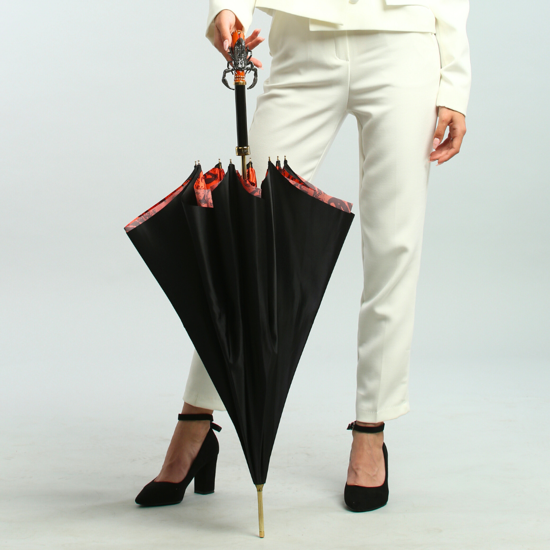 Червоно-чорна жіноча парасоля-тростина Pasotti з ручкою Скорпіон