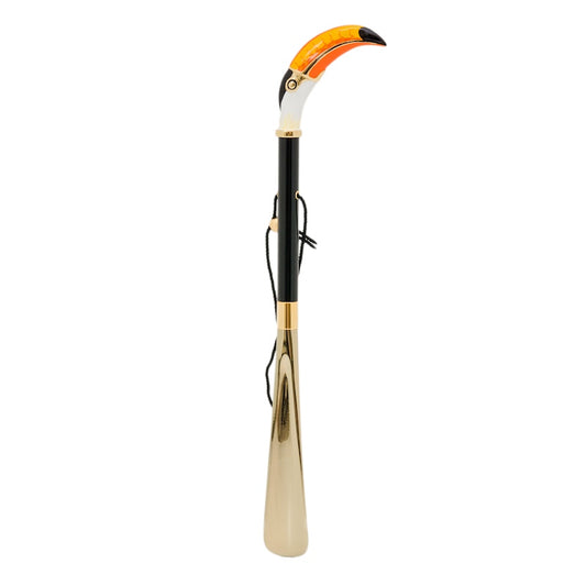Pasotti Toucan shoehorn with vibrant enamel handle on a white background