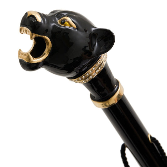 Close-up of Pasotti black panther shoehorn handle with enamel details and crystal collar