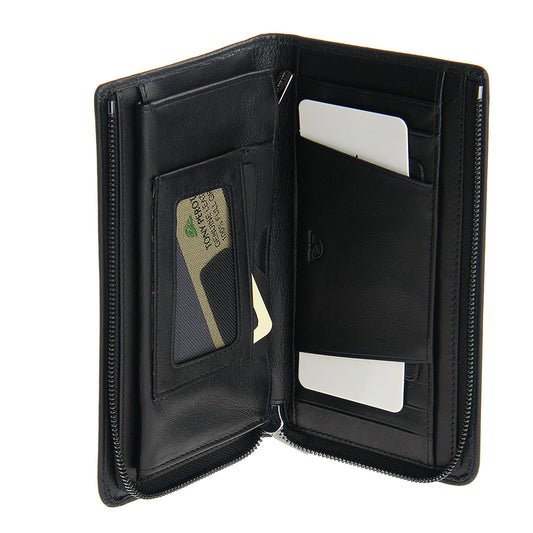Tony Perotti black leather zip wallet with card slots on a white background