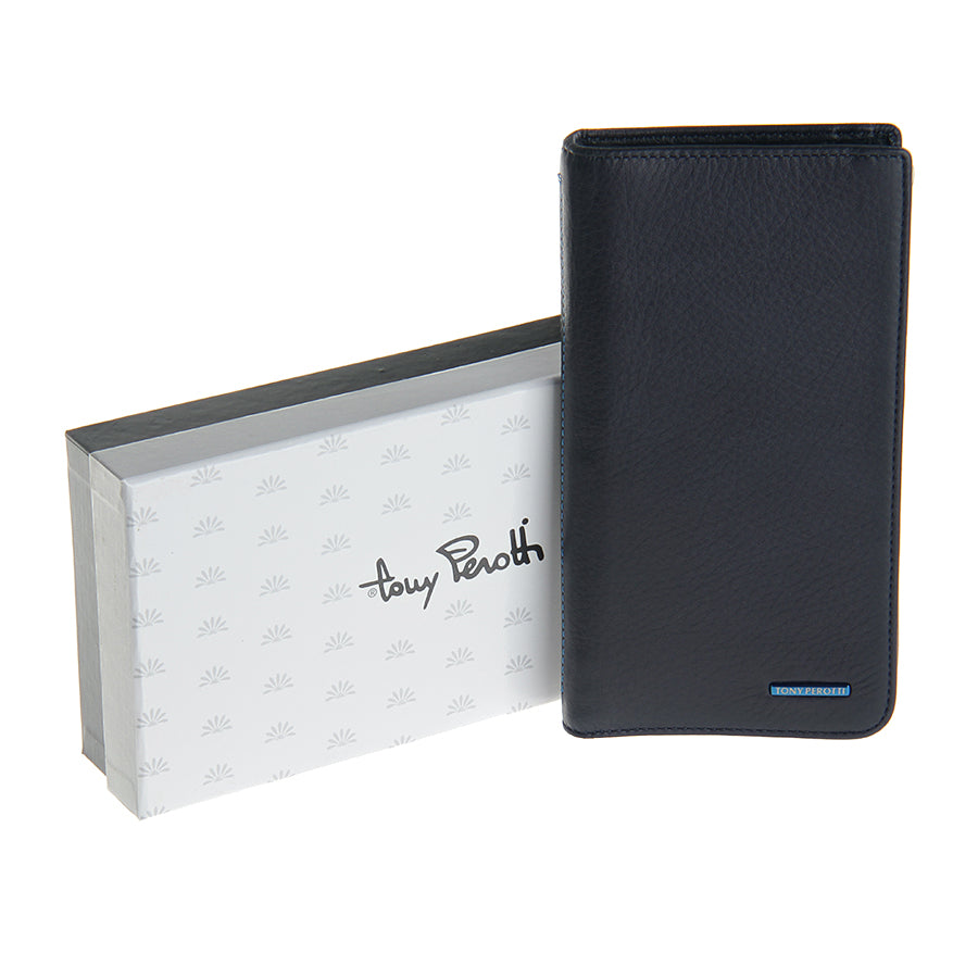 Tony Perotti dark blue leather zip wallet with box on a white background
