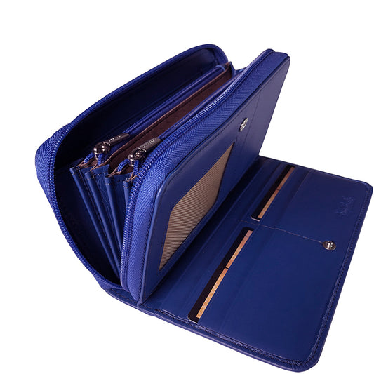 Tony Perotti women’s blue leather zip-around wallet with multiple compartments on a white background