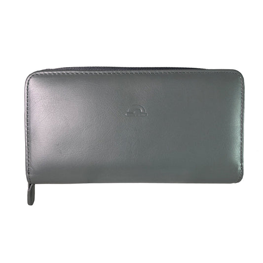Tony Perotti women's grey leather zip-around wallet on a white background