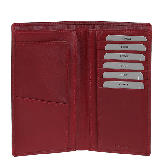 Red leather wallet with card slots on a white background