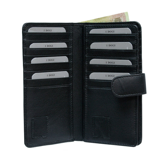Black Cortina 5074 card wallet open showing rows of card slots and a banknote