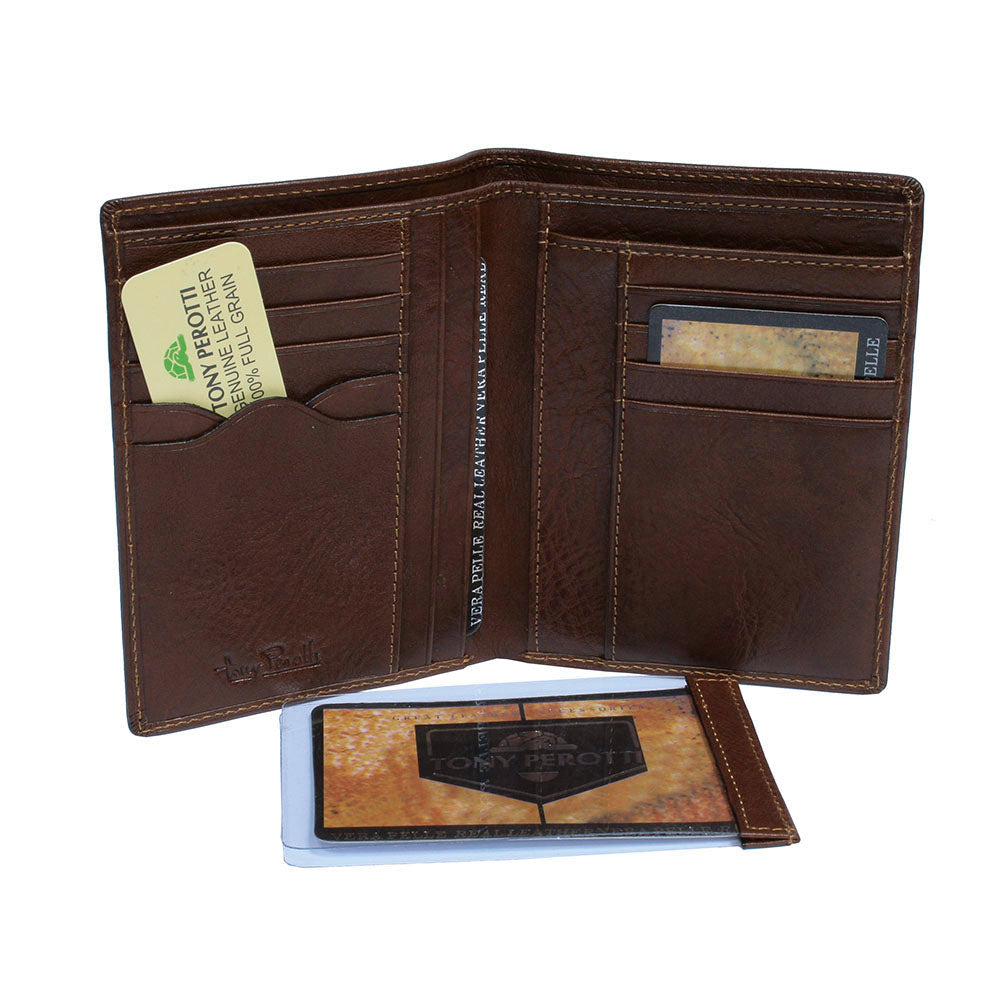Tony Perotti cognac bifold wallet with removable ID holder and branded packaging