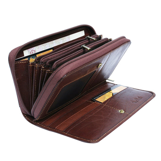 Brown leather wallet with multiple compartments on a white background