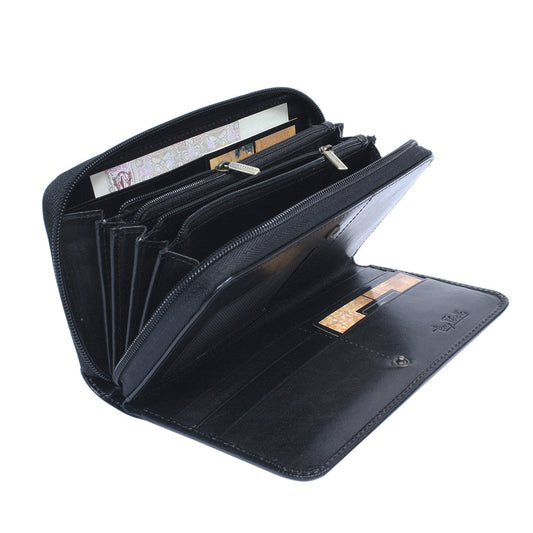 Tony Perotti black leather wallet with multiple compartments on a white background