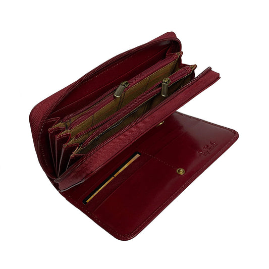 Tony Perotti red leather zip-around wallet on a white background