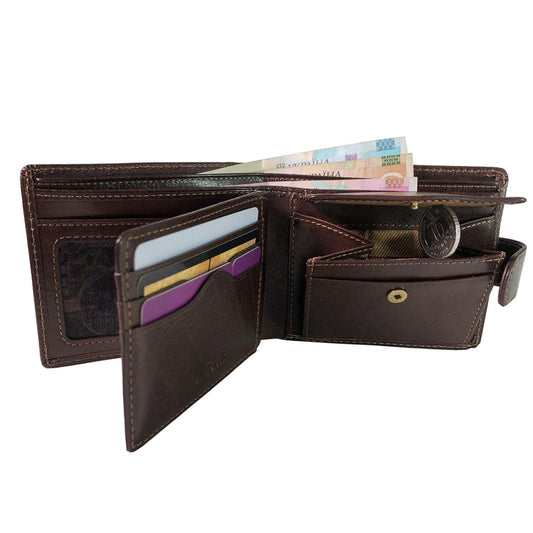 Italico 2117 moro open and filled — cards in the slots, banknotes in the compartment and a coin in the snap coin pocket