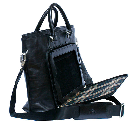 Tony Perotti Italico 9625 nero black leather bag with the tablet pocket unzipped — padded interior with an elastic band, check lining and the jacquard shoulder strap