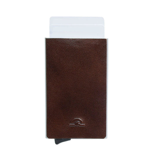 Tony Perotti Nevada 3771 moro — dark brown leather card holder with the cards risen out of the aluminium shell