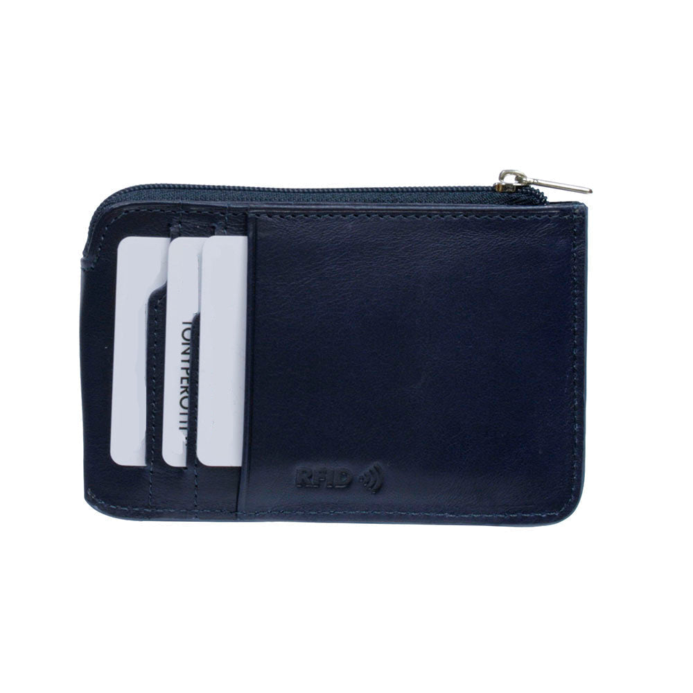 Back of Tony Perotti Nevada 3825+RFID navy leather zip card holder: three card slots, embossed RFID mark, zip pull