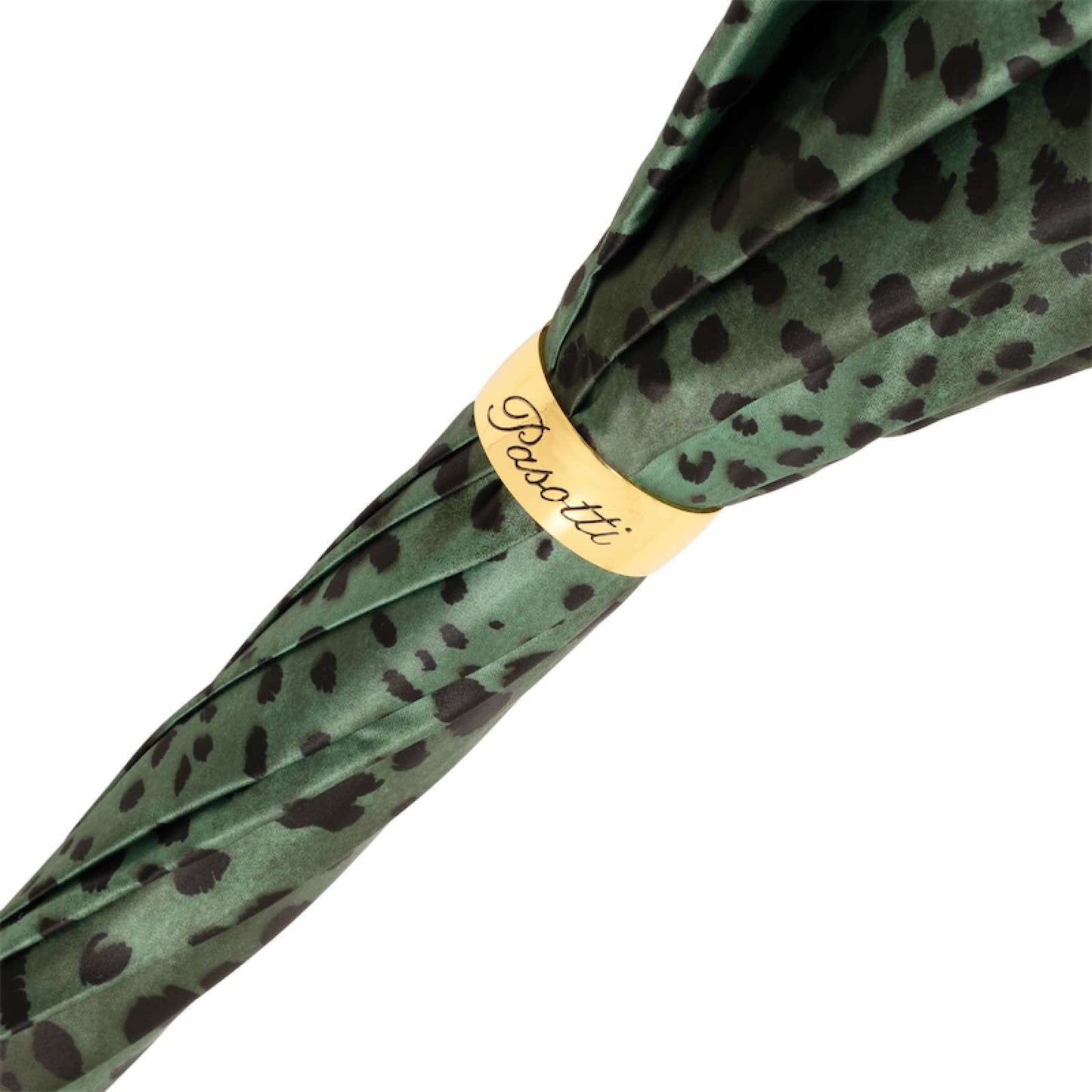 Close-up of green leopard print fabric and gold accent detail