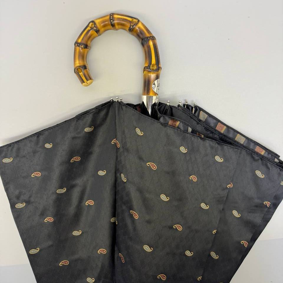 Pasotti folding umbrella with paisley pattern fabric and curved bamboo handle