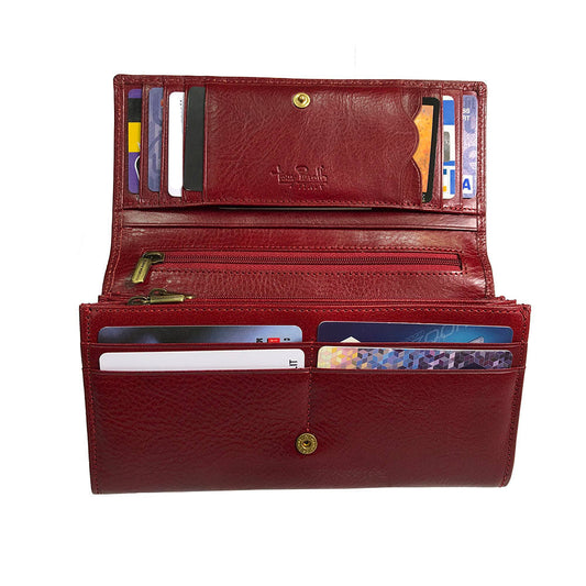 Open red leather wallet with card slots — Tony Perotti Italico 1911