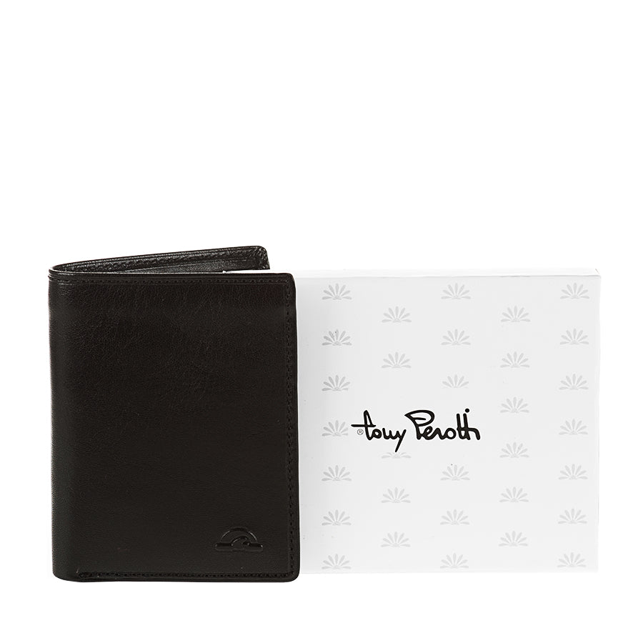 Tony Perotti Nevada 3549 nero black leather wallet next to its white Tony Perotti gift box