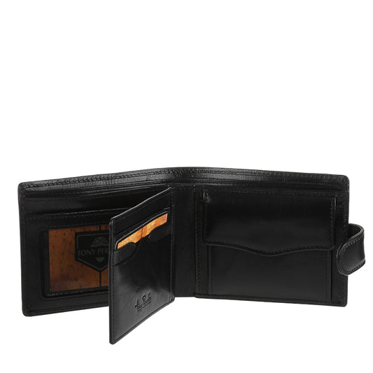 Open black leather bifold wallet with card slots and coin pocket — Tony Perotti Italico 2117 nero