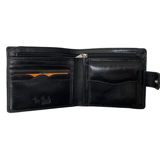 Open black leather bifold wallet with coin pocket — Tony Perotti Italico 2569A nero