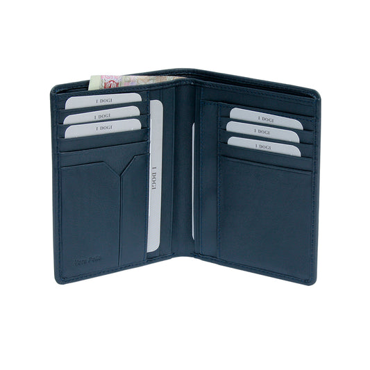 Tony Perotti Cortina 5050 navy opened — card slots in two columns, vertical slots down the middle and a banknote in the compartment behind