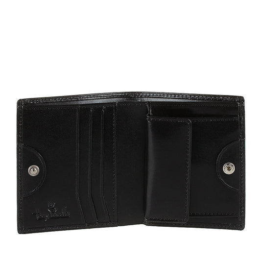 Open Tony Perotti Viasorte 1165 nero wallet with vertical card slots, snap coin pocket flap and snap tabs
