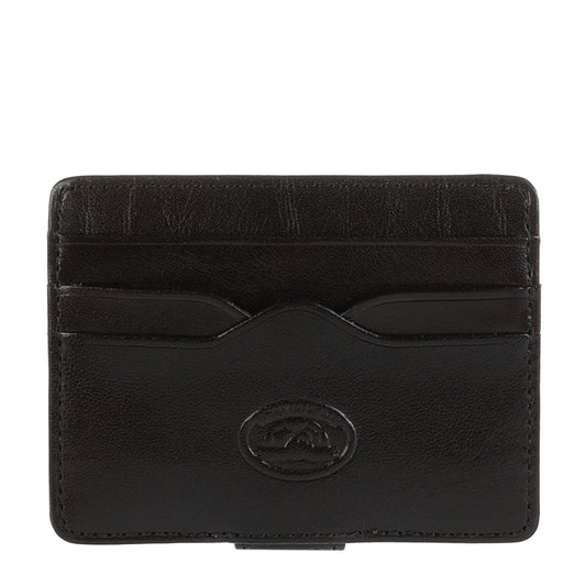 Tony Perotti black bull leather card holder with money clip and embossed logo — Italico 2553 nero