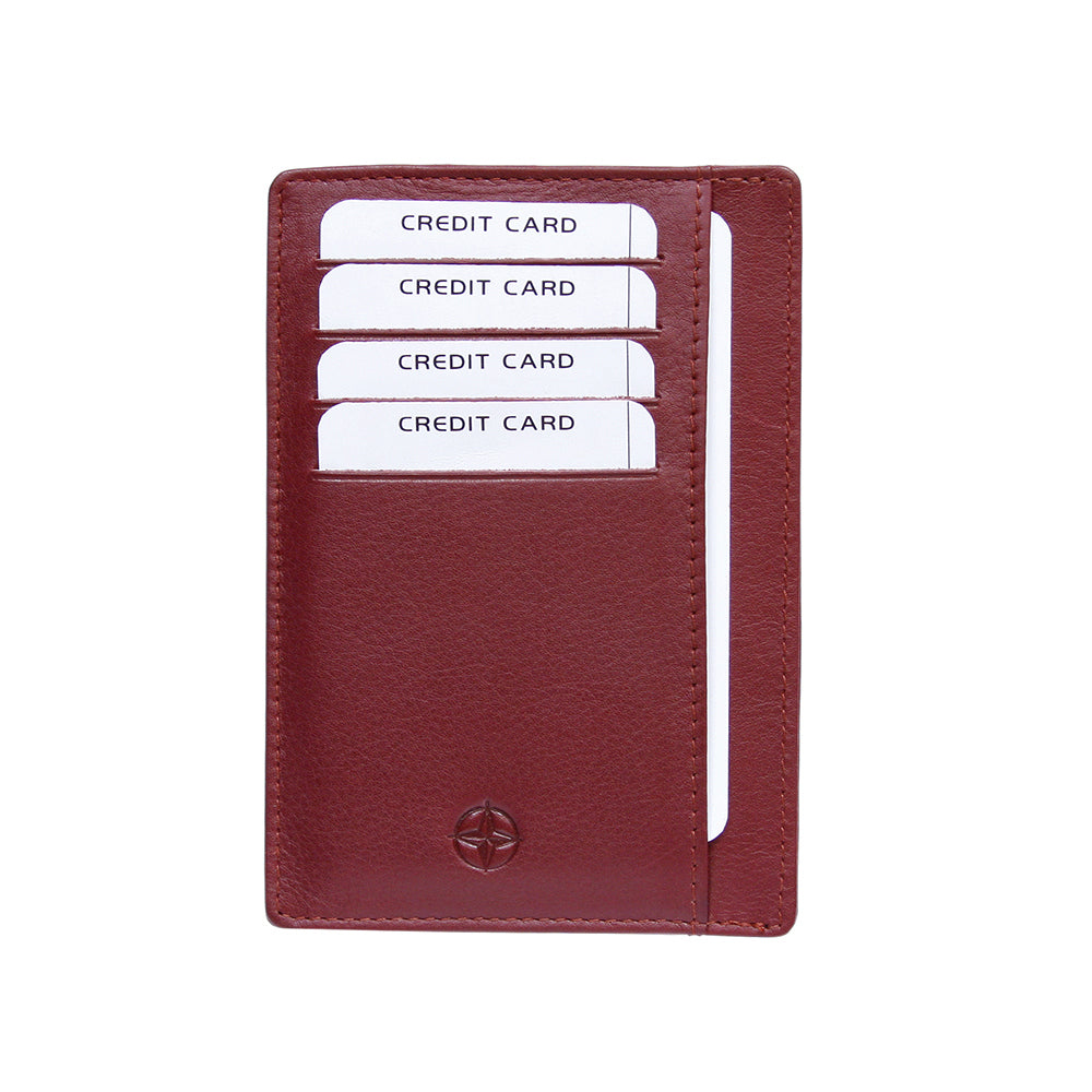 Tony Perotti Cortina 5001 rosso — front face with four card slots, the full-height side pocket and the embossed compass rose