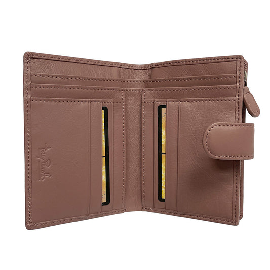 Open powder pink vertical bifold wallet — card slots and embossed Tony Perotti signature