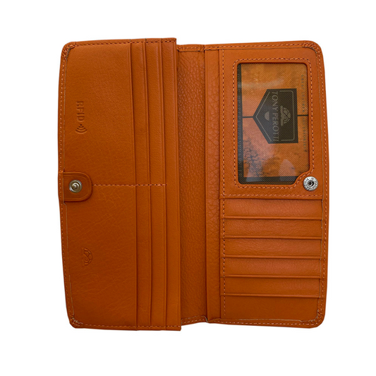 Open Tony Perotti orange RFID wallet with 12 card slots and ID window