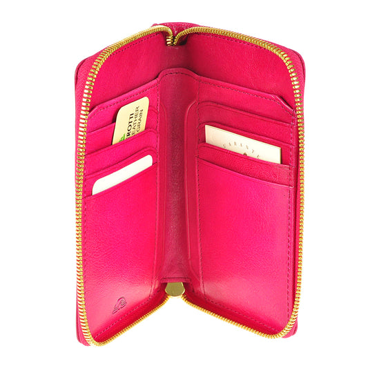 Topkapi zip-around wallet open showing card slots on both sides and gold-tone zip