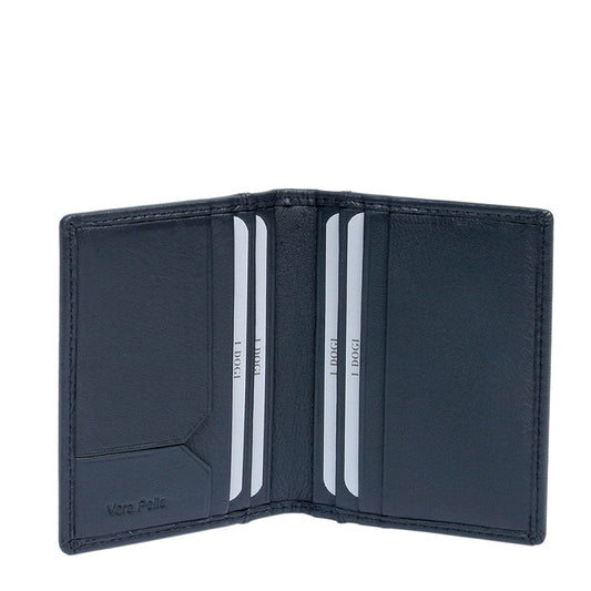 Tony Perotti Cortina 5046 navy — opened: two card slots and a notched slip pocket on each inner panel, with «Vera Pelle» embossed