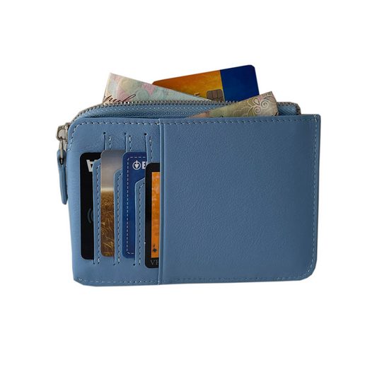 Tony Perotti light blue leather card holder open with cards and folded banknote