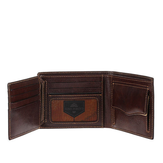 Dark brown leather bifold wallet Tony Perotti Italico 3620 moro — flip opened: card slots, mesh ID window, coin pocket
