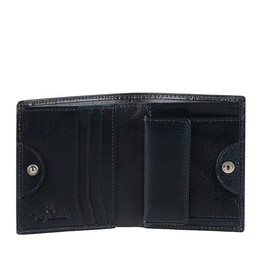 Open Tony Perotti Viasorte 1165 navy wallet with vertical card slots, snap coin pocket flap and snap tabs