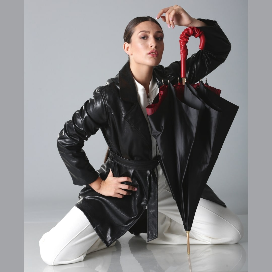 Pasotti women's cane umbrella black with leather handle and red roses under the dome