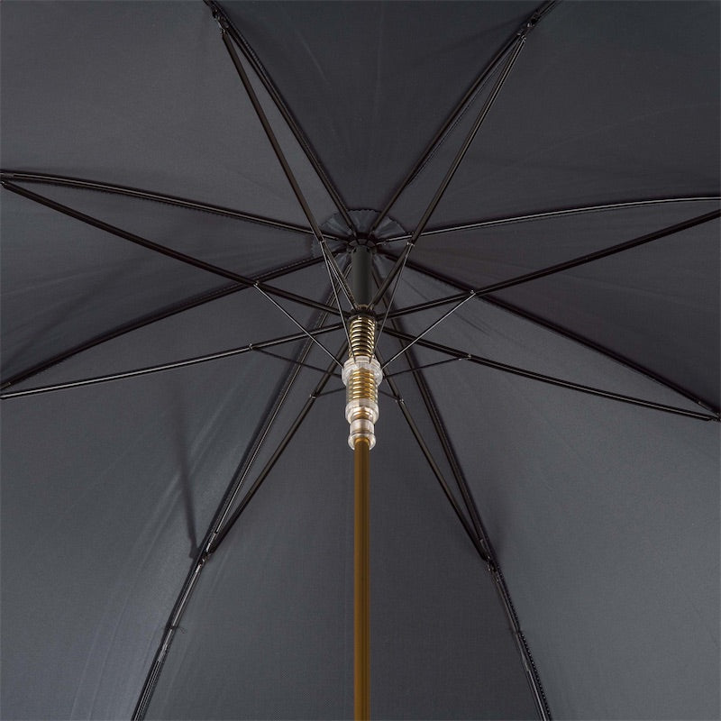 Underside of the open black canopy with eight ribs