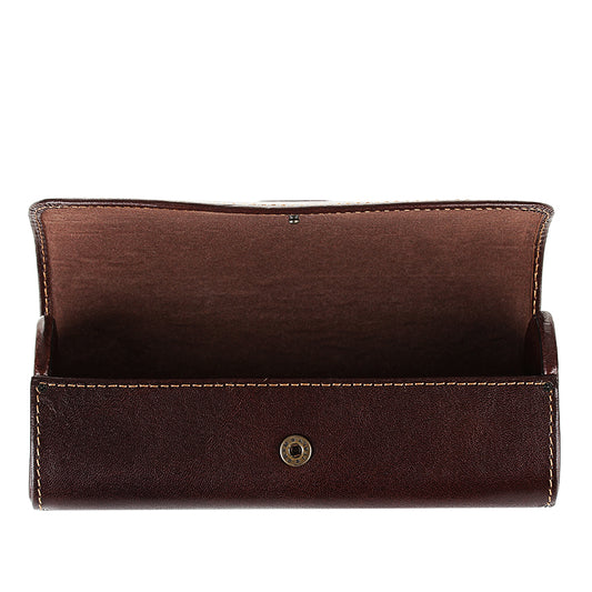 Tony Perotti Italico 1290 moro glasses case opened — one velvet-lined compartment and the brass-tone snap