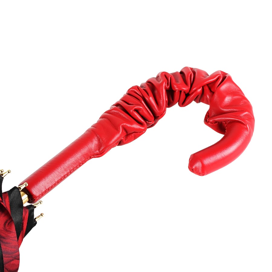 Pasotti women's cane umbrella black with leather handle and red roses under the dome